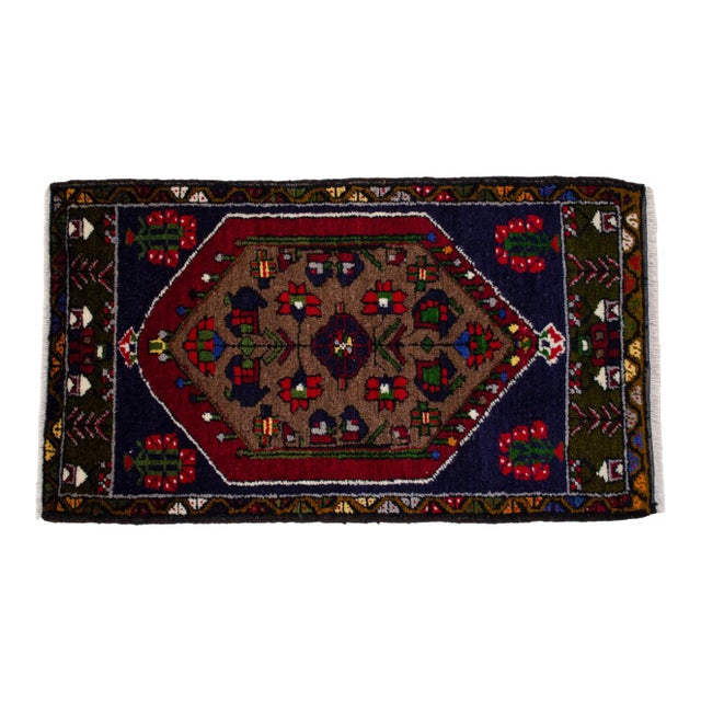 Hand Knotted Small Rug Vintage DoorMat Entry Decor - 20'' X 35'' For Sale