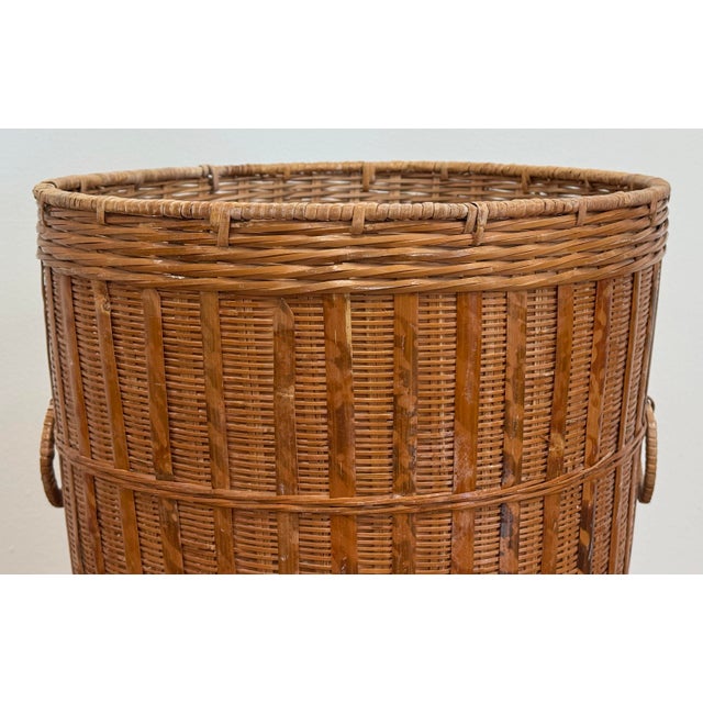 Wood Vintage Tall Woven Split Reed Basket For Sale - Image 7 of 10