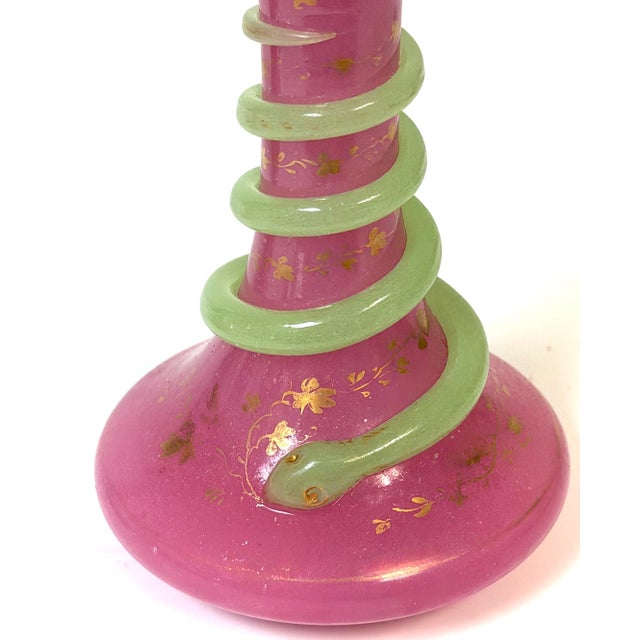 Pair French Pink Opaline Perfume Bottles with Green Serpents Attrib. Baccarat For Sale - Image 13 of 13