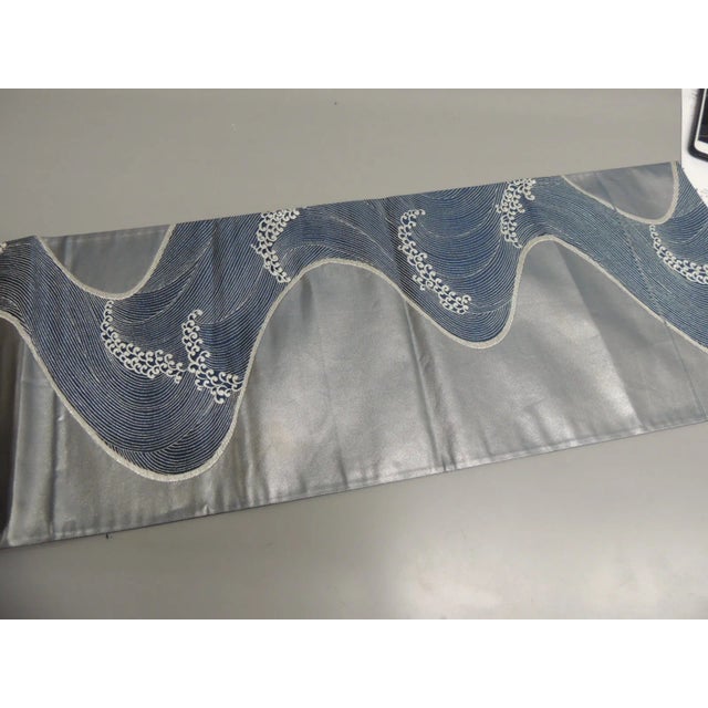 Asian Vintage Silver and Blue Silk Obi For Sale - Image 3 of 6