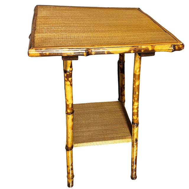 Early 20th Century Aesthetic Movement Tiger Tortoise Bamboo Pedestal 2-Tier Side Drink Table For Sale - Image 4 of 5