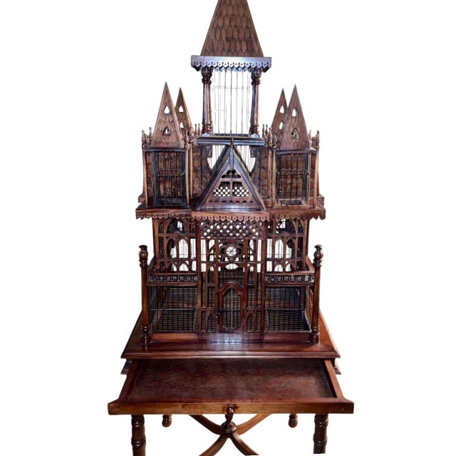 Gothic Monumental Victorian Gothic Revival Mahogany Bird Cage on Stand. England 19th C. For Sale - Image 3 of 12