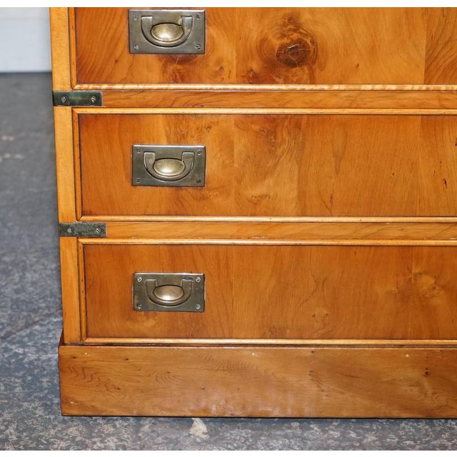 Brown Vintage Military Campaign Yew Wood Secretaire with Brass Handles For Sale - Image 8 of 16