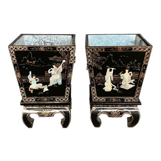 Vintage Mother of Pearl Lacquered Planters With Stands-A Pair For Sale