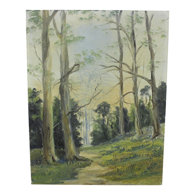 Vintage Landscape Oil Painting, Original Art, Signed by Artist Trees, Path, Rustic Unframed For Sale