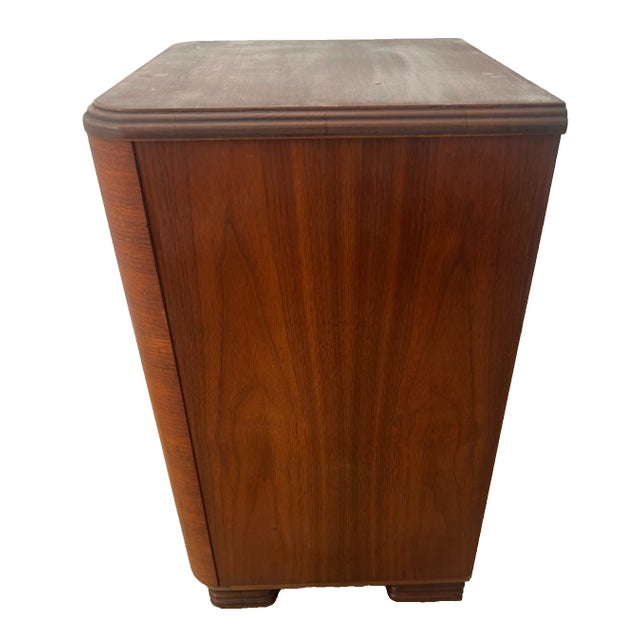 Wood 1920s Art Deco Side Table, Nightstand, Chest of Three Drawers, Walnut, Brass Pulls For Sale - Image 7 of 13