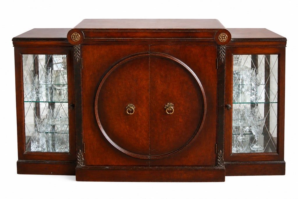 Vintage Mahogany Cocktail Bar Cabinet With Mirrored Displays and Glassware Javit