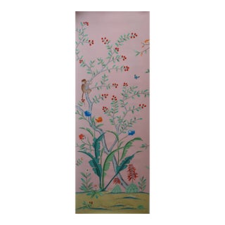 Chinoiserie Tropical Hand-Painted Wallpaper, Blush Pink Background With Floral & Bird Mural For Sale