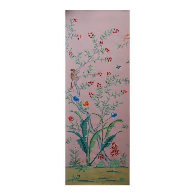 Chinoiserie Tropical Hand-Painted Wallpaper, Blush Pink Background With Floral & Bird Mural For Sale
