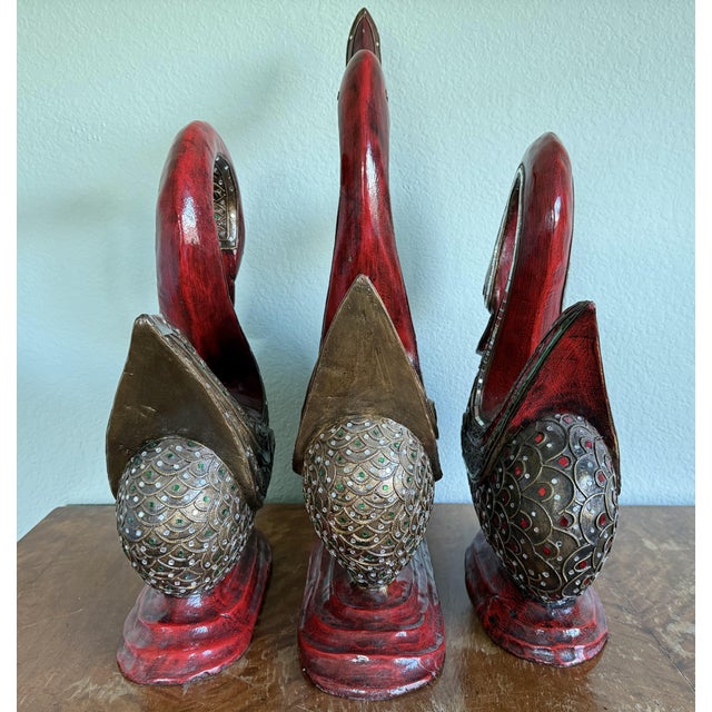 Chinese Three Large Asian Wood Carved Duck Statues With Mirror Inlay For Sale - Image 3 of 17