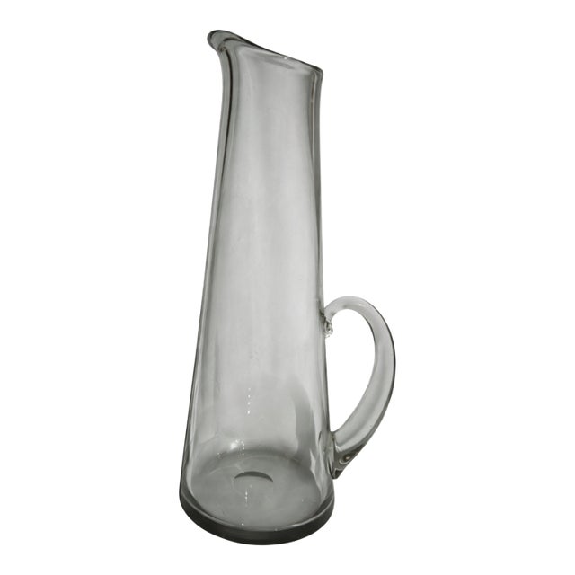 Vintage Smoky Gray Glass Tall Pitcher Vase With Handle For Sale