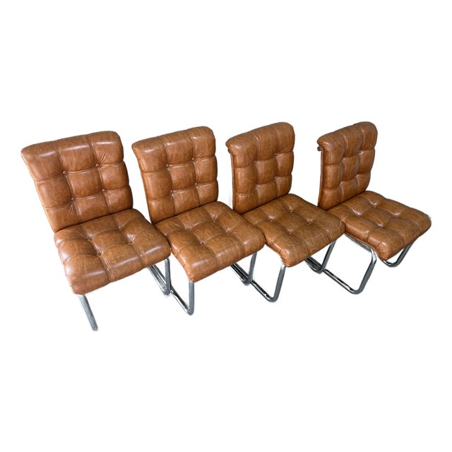Set of Four Mid-Century Modern Chrome Dining Chairs in the Milo Baughman Style. Circa 1970s. For Sale