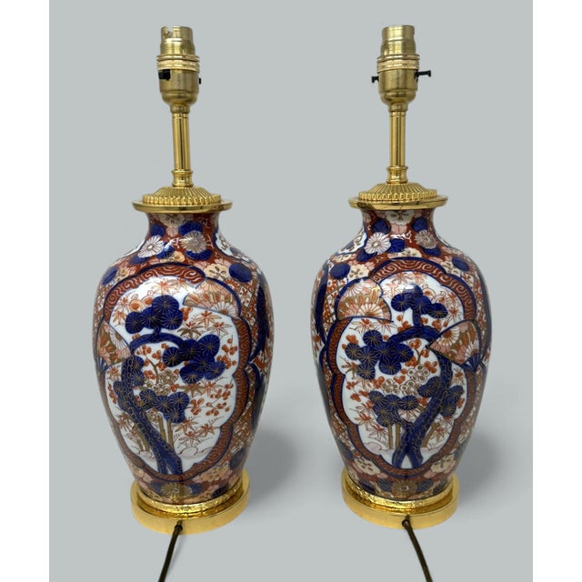 Late 19th Century Antique Pair Japanese Chinese Imari Porcelain Ormolu Table Lamps Blue Red Gilt For Sale - Image 5 of 9