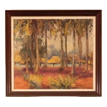 Unknown Artist, African Village, Oil on Canvas For Sale