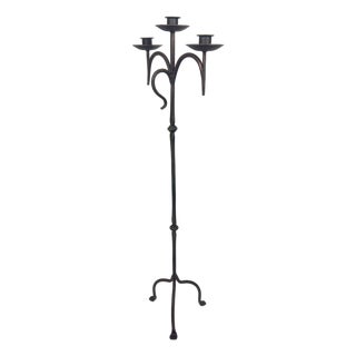 Hand Forged Iron Floor Candelabra 46″ (117cm) Antique Copper or Gold Patina 3-Arm Classic Scroll Candle Holder Rustic Decor For Sale