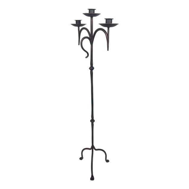 Hand Forged Iron Floor Candelabra 46″ (117cm) Antique Copper or Gold Patina 3-Arm Classic Scroll Candle Holder Rustic Decor For Sale
