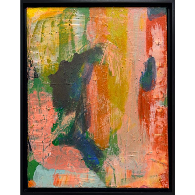 “Yellow Elevator” Original Abstract Painting in Black Floating Frame by Austin Artist Anna Richards For Sale