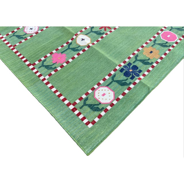 Handmade Cotton Area Rug, Natural Vegetable Dyed, Green and Red Flower Patterned Dhurrie -6'x9' For Sale - Image 6 of 12