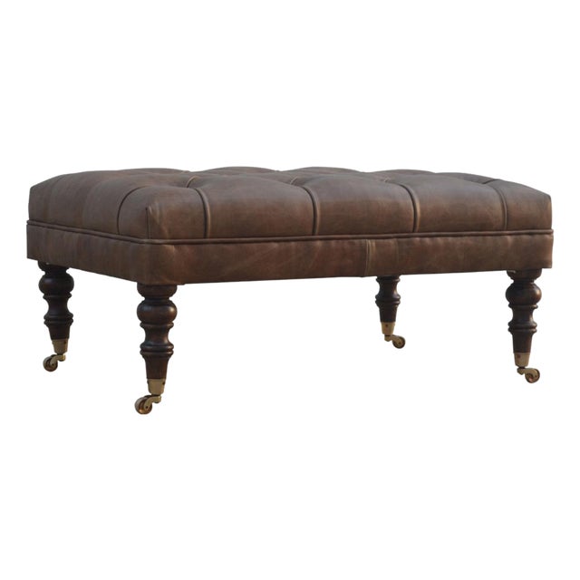Buffalo Leather Button-Tufted Ottoman For Sale