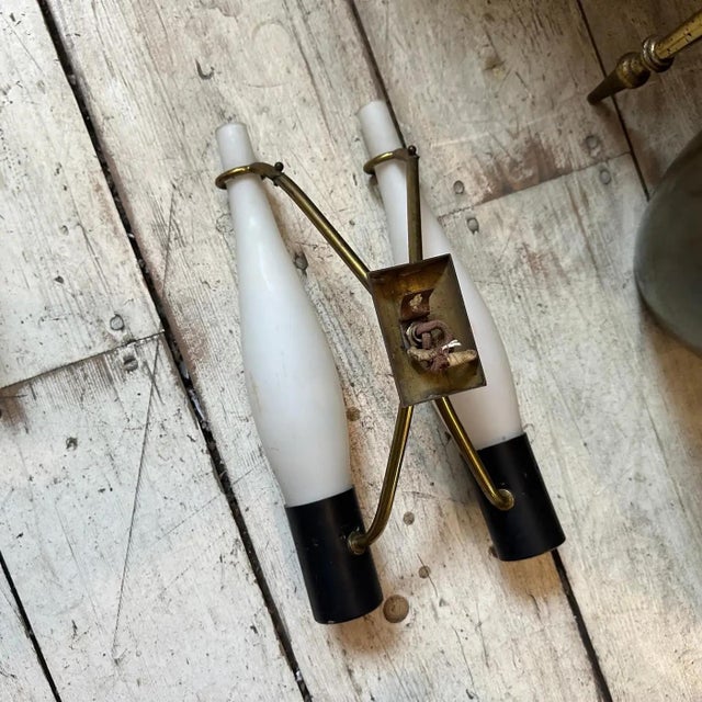 1950s Two 1950s Stilnovo Style Mid-Century Modern Brass and Glass Wall Sconces For Sale - Image 5 of 12