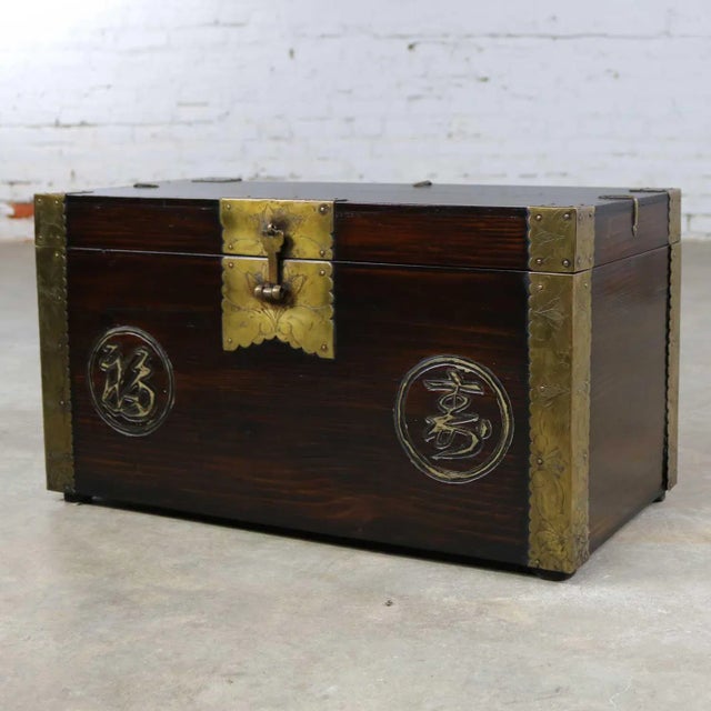 Handsome antique Korean trunk, chest, or box with beautiful brass details and the auspicious Chinese characters for luck...