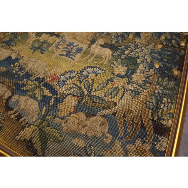 Textile 1750s GreenTraditional Scenic Antique English Needlepoint Rug 2'4"x2'7" Silk Flatweave Carpet For Sale - Image 7 of 12