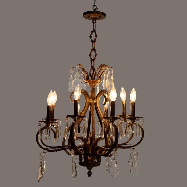 Antique Bronze & Brass 8-Light Chandelier With Italian Cut Crystals C1930 For Sale - Image 14 of 17