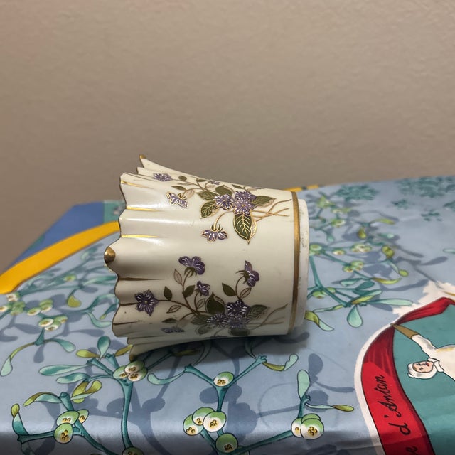 1970s Vintage Floral Porcelain Vase With Scalloped Gilt Rim For Sale - Image 5 of 8