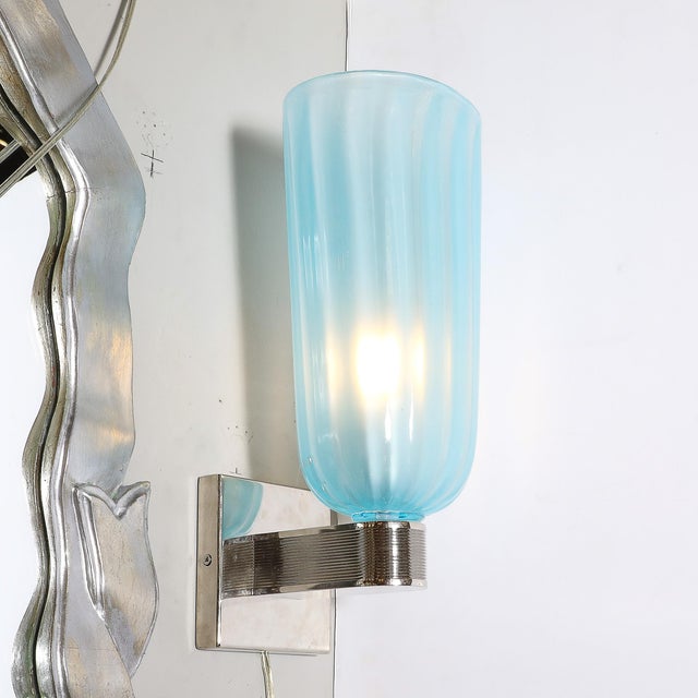 Pair of Modernist Hand-Blown Murano Arctic Blue Fluted Glass Sconces & Nickel For Sale - Image 13 of 16