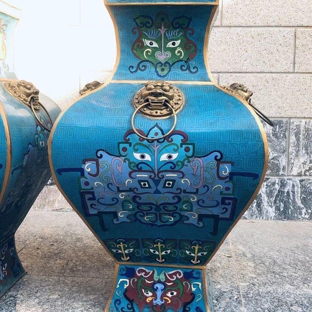 Pair of Monumental Vintage Cloisonné Enamel Fang Zun Vases – Beast Mask & Archaic Motif For Sale In Los Angeles - Image 6 of 9