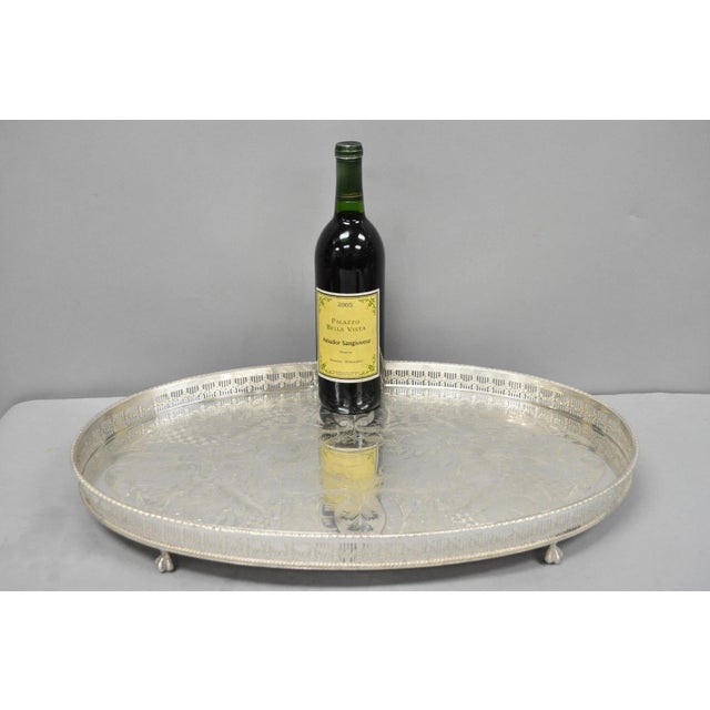 Vintage Viners of Sheffield Edwardian Silver Plated Raised Gallery Scroll Engraved Oval Tray Raised on Paw Feet. Circa Mid...