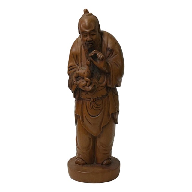 Chinese Boxwood Longevity Goddess Holding Baby Deer Statue For Sale