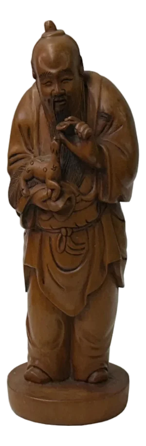 Chinese Boxwood Longevity Goddess Holding Baby Deer Statue