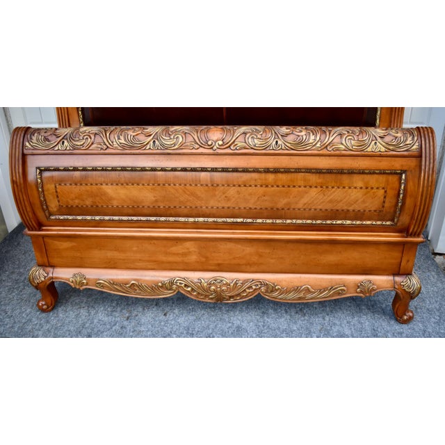 Legacy Pine Upholstered Sleigh Bed Carved and Inlaid Ornate Queen Frame For Sale - Image 16 of 18