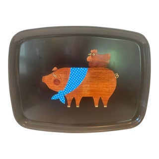 Mid-Century Modern Couroc of Monterrey Serving Tray With Pig and Rooster For Sale