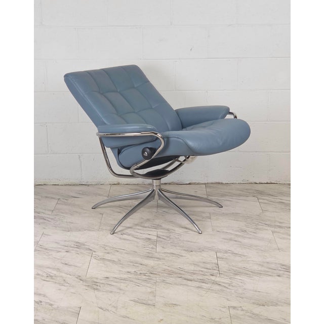 Cornflower Blue Sparrow Blue Leather Ekornes Stressless Recliner For Sale - Image 8 of 9