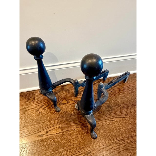 1960s Vintage Black Cast Iron Cannonball Fireplace Andirons – A Pair For Sale - Image 5 of 8