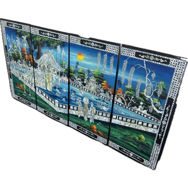 The One Pillar Pagoda (Chùa Một Cột) Mother-of-Pearl Inlay Vintage Four-Panel Decorative Wall Installation – Hanoi Vietnam For Sale - Image 4 of 6