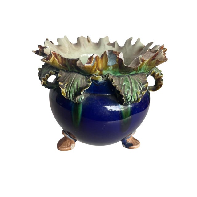 French Antique Barbotine Majolica Rose Cachepot For Sale - Image 3 of 7