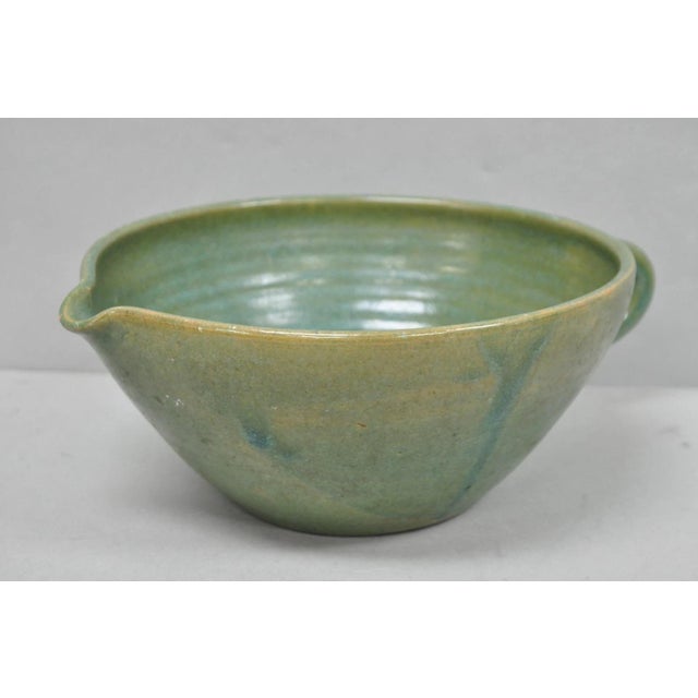 Vintage Primitive Green Glazed Ceramic Pottery Large Mixing Bowl W Handle For Sale - Image 4 of 18