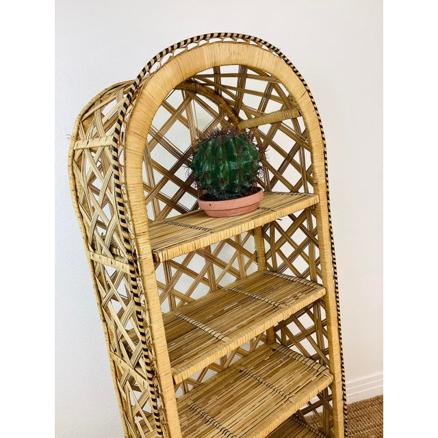 Wood Vintage 1970s Woven Rattan Arch Top Peacock Chair Style Shelf / Bookshelf For Sale - Image 7 of 9