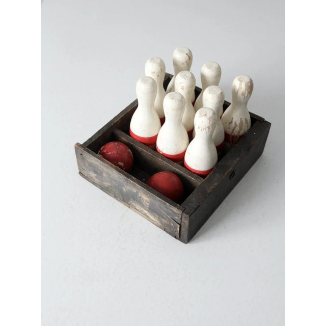 Antique Bowling Game Skittles Set With Box For Sale - Image 4 of 11