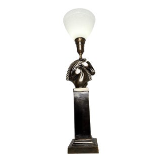 1960s Mid-Century Modern French Style Patinated Brass Double Horse Table Lamp For Sale