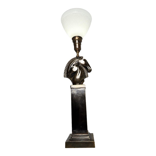 1960s Mid-Century Modern French Style Patinated Brass Double Horse Table Lamp For Sale
