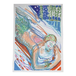 Night Kayak Woman and Goldfish Original Drawing #43 Unframed For Sale