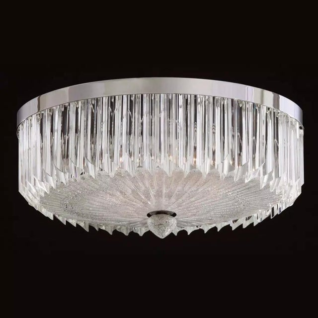 Italian modern flush mount with a round layer of clear Murano quadriedri glasses, enclosed with a clear bottom Murano...