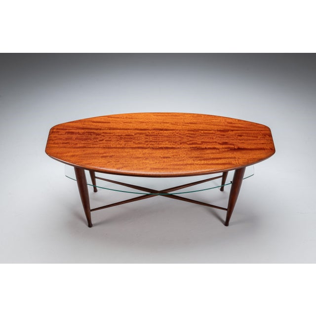 1960s Assymetrical Coffee Table with Glass Storage and Cross Leg Details, 1960s For Sale - Image 5 of 14