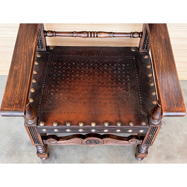 19th Century Spanish Colonial Altar Carved Armchair with Leather Seat and Back For Sale - Image 11 of 18