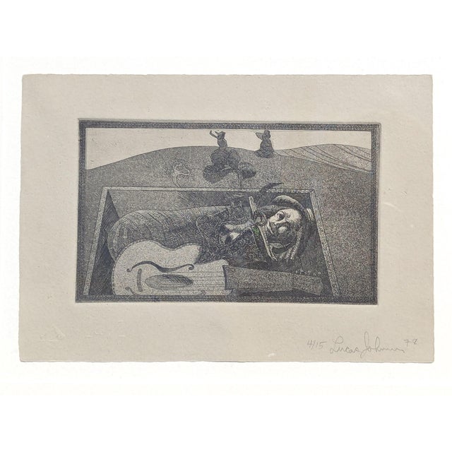 Lucas Johnson Modern Black & White Surrealist Etching of a Figure & Guitar in a Grave Ed. 4/15, 1978 For Sale - Image 11 of 12