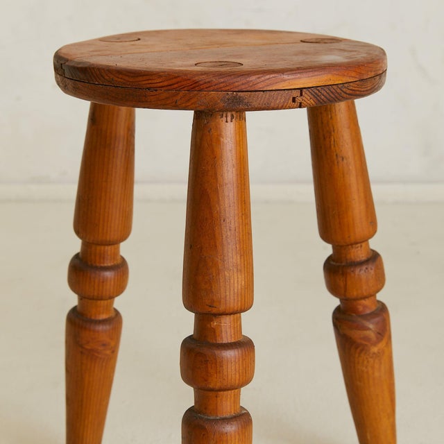 Rustic French Hand-Carved Wooden Tripod Stool, 1950s For Sale - Image 3 of 18
